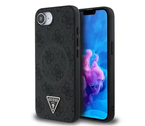Guess PU 4G Strass Triangle Metal Logo Zadní Kryt pro iPhone 16e černá