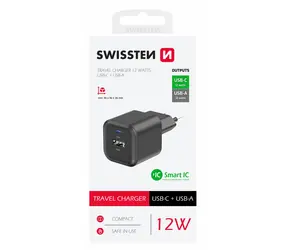 SWISSTEN Síťový adaptér 1x USB-C + 1x USB-A 12W černá