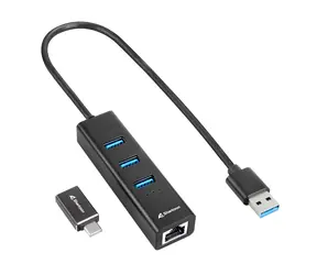 Sharkoon 3-Port USB 3.2 Gen 1 Alu Hub + Ethernet černá / 3x USB-A 3.2 / 1x RJ-45