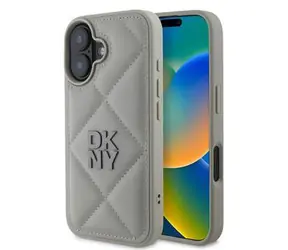 DKNY PU Leather Quilted Stack Logo Zadní Kryt pro iPhone 16 Plus Grey