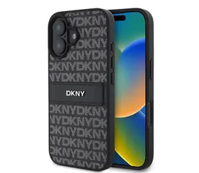 DKNY PU Leather Repeat Pattern Tonal Stripe Zadní Kryt pro iPhone 16 Plus Black