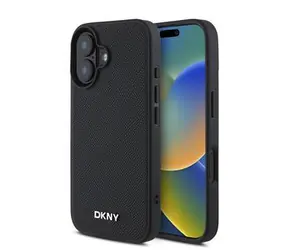 DKNY PU Leather Silver Metal Logo Magsafe Zadní Kryt pro iPhone 16 Plus Black