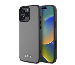 DKNY PU Leather Silver Metal Logo Magsafe Zadní Kryt pro iPhone 16 Pro Max Grey