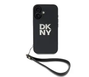 DKNY PU Leather Stack Logo Wrist Strap Zadní Kryt pro iPhone 16 Black