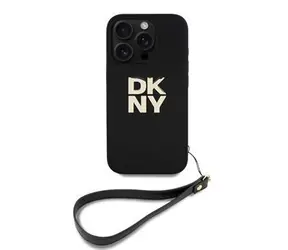 DKNY PU Leather Stack Logo Wrist Strap Zadní Kryt pro iPhone 16 Pro Max Black