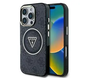 Guess IML 4G Glitter and Triangle Logo MagSafe Zadní Kryt pro iPhone 16 Pro Black