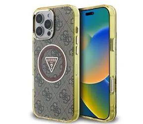 Guess IML 4G Glitter and Triangle Logo MagSafe Zadní Kryt pro iPhone 16 Pro Brown