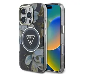 Guess IML Glitter Magnolia and Triangle Logo MagSafe Zadní Kryt pro iPhone 16 Pro Max Black
