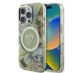Guess IML Glitter Magnolia and Triangle Logo MagSafe Zadní Kryt pro iPhone 16 Pro Max Green