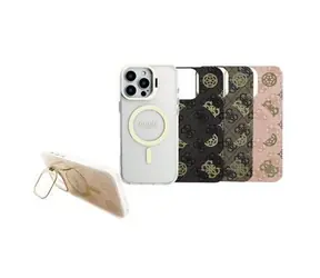 Guess PC/TPU Electroplated Stand Camera Frame MagSafe Zadní Kryt s Vyměnitelným Pozadím pro iPhone 16 Pro Max