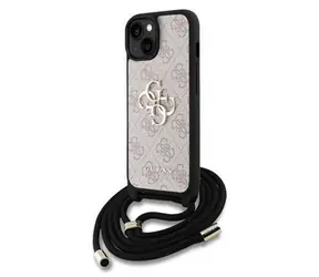 Guess PU 4G Metal Logo Crossbody Popruh Zadní Kryt pro iPhone 15 Pink