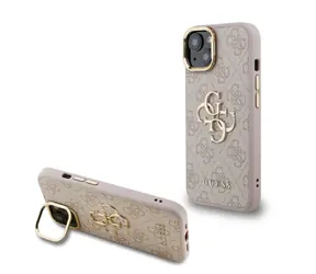 Guess PU 4G Metal Logo Stand Camera Frame Zadní Kryt pro iPhone 14 Pink