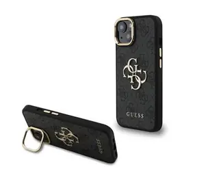 Guess PU 4G Metal Logo Stand Camera Frame Zadní Kryt pro iPhone 15 Black