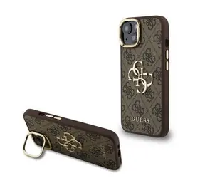Guess PU 4G Metal Logo Stand Camera Frame Zadní Kryt pro iPhone 15 Brown