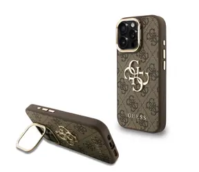 Guess PU 4G Metal Logo Stand Camera Frame Zadní Kryt pro iPhone 15 Pro Brown