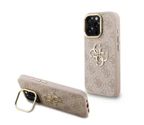 Guess PU 4G Metal Logo Stand Camera Frame Zadní Kryt pro iPhone 15 Pro Pink