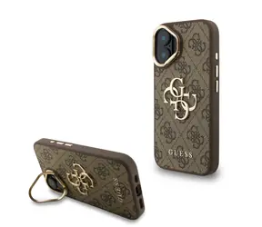 Guess PU 4G Metal Logo Stand Camera Frame Zadní Kryt pro iPhone 16 Brown