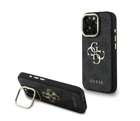 Guess PU 4G Metal Logo Stand Camera Frame Zadní Kryt pro iPhone 16 Pro Max Black
