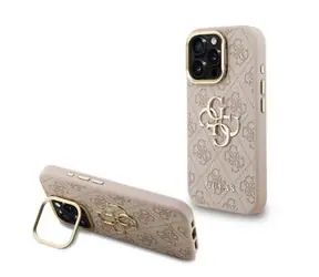 Guess PU 4G Metal Logo Stand Camera Frame Zadní Kryt pro iPhone 16 Pro Max Pink
