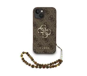 Guess PU 4G Metal Logo Strap Zadní Kryt pro iPhone 15 Brown