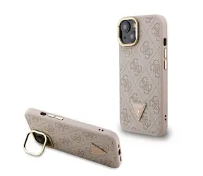 Guess PU 4G Strass Triangle Logo Stand Camera Frame MagSafe Zadní Kryt pro iPhone 14 Pink