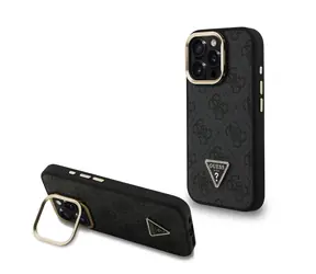Guess PU 4G Strass Triangle Logo Stand Camera Frame MagSafe Zadní Kryt pro iPhone 15 Pro Max Black