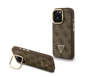 Guess PU 4G Strass Triangle Logo Stand Camera Frame MagSafe Zadní Kryt pro iPhone 15 Pro Max Brown
