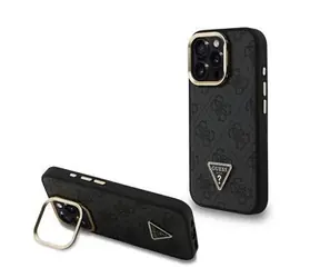 Guess PU 4G Strass Triangle Logo Stand Camera Frame MagSafe Zadní Kryt pro iPhone 16 Pro Max Black