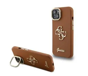 Guess PU Grained 4G Logo Stand Camera Frame Zadní Kryt pro iPhone 14 Brown
