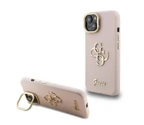 Guess PU Grained 4G Logo Stand Camera Frame Zadní Kryt pro iPhone 14 Pink