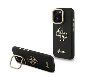 Guess PU Grained 4G Logo Stand Camera Frame Zadní Kryt pro iPhone 15 Pro Max Black