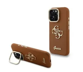 Guess PU Grained 4G Logo Stand Camera Frame Zadní Kryt pro iPhone 15 Pro Max Brown