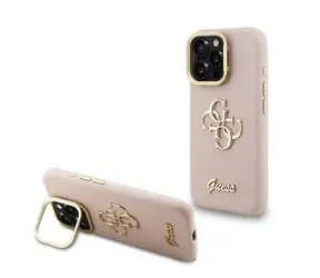Guess PU Grained 4G Logo Stand Camera Frame Zadní Kryt pro iPhone 15 Pro Max Pink