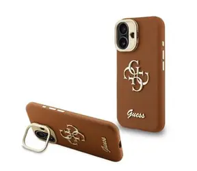 Guess PU Grained 4G Logo Stand Camera Frame Zadní Kryt pro iPhone 16 Brown