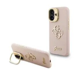 Guess PU Grained 4G Logo Stand Camera Frame Zadní Kryt pro iPhone 16 Pink