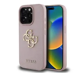 Guess PU Grained 4G Metal Logo Zadní Kryt pro iPhone 15 Pro Pink
