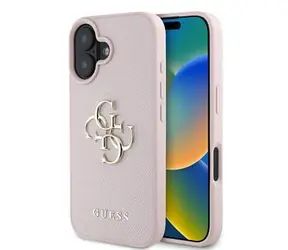 Guess PU Grained 4G Metal Logo Zadní Kryt pro iPhone 16 Pink