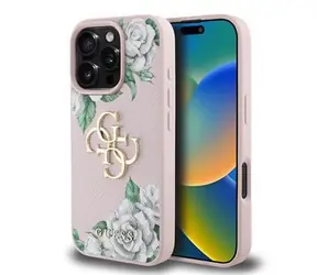 Guess PU Grained Roses 4G Metal Logo Zadní Kryt pro iPhone 16 Pro Pink