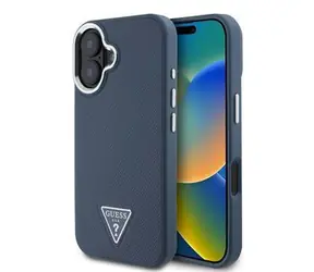 Guess PU Grained Triangle Logo Zadní Kryt pro iPhone 16 Blue