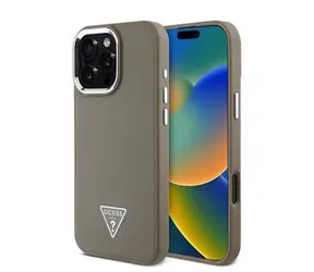 Guess PU Grained Triangle Logo Zadní Kryt pro iPhone 16 Pro Brown