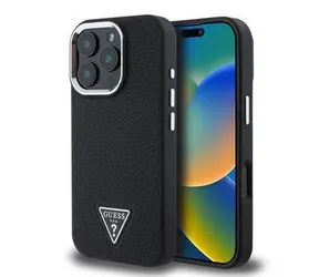 Guess PU Grained Triangle Logo Zadní Kryt pro iPhone 16 Pro Max Black