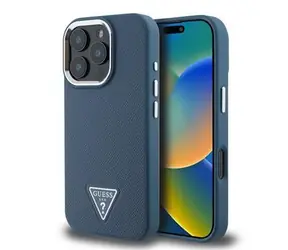 Guess PU Grained Triangle Logo Zadní Kryt pro iPhone 16 Pro Max Blue