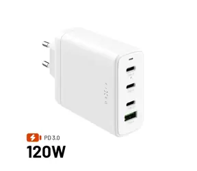 FIXED Síťová GaN nabíječka s 3xUSB-C a USB výstupem podpora PD 3.0 120W bílá