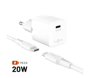 FIXED Set síťové nabíječky Mini s USB-C výstupem a USB-C/USB-C kabelu podpora PD 1.2 metr 20W bílý