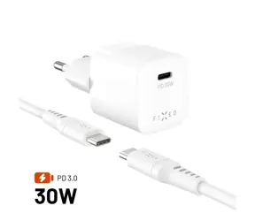 FIXED Set síťové GaN nabíječky Mini s USB-C výstupem a USB-C/USB-C kabelu podpora PD 1.2 metr 30W bílý