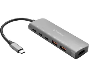 Sandberg USB-C dokovací stanice šedá / HDMI + 2x USB-A + 2 x USB-C + PD (100W)
