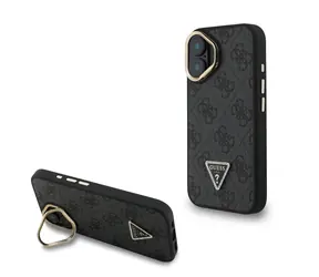 Guess PU 4G Strass Triangle Logo Stand Camera Frame MagSafe Zadní Kryt pro iPhone 16 Black