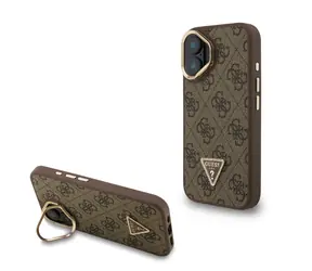 Guess PU 4G Strass Triangle Logo Stand Camera Frame MagSafe Zadní Kryt pro iPhone 16 Brown