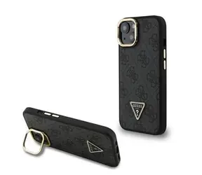 Guess PU 4G Strass Triangle Logo Stand Camera Frame MagSafe Zadní Kryt pro iPhone 15 Black