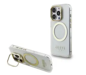 Guess IML Gold Outline Stand Camera Frame MagSafe Zadní Kryt pro iPhone 15 Pro Transparent